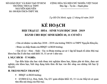 Kế hoạch hội trại Lí - Hóa - Sinh - Tin Học Năm Học : 2018 - 2019 Cơ sở 1