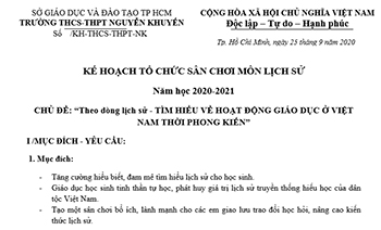 KẾ HOẠCH TỔ CHỨC SÂN CHƠI MÔN LỊCH SỬ NĂM HỌC 2020 - 2021